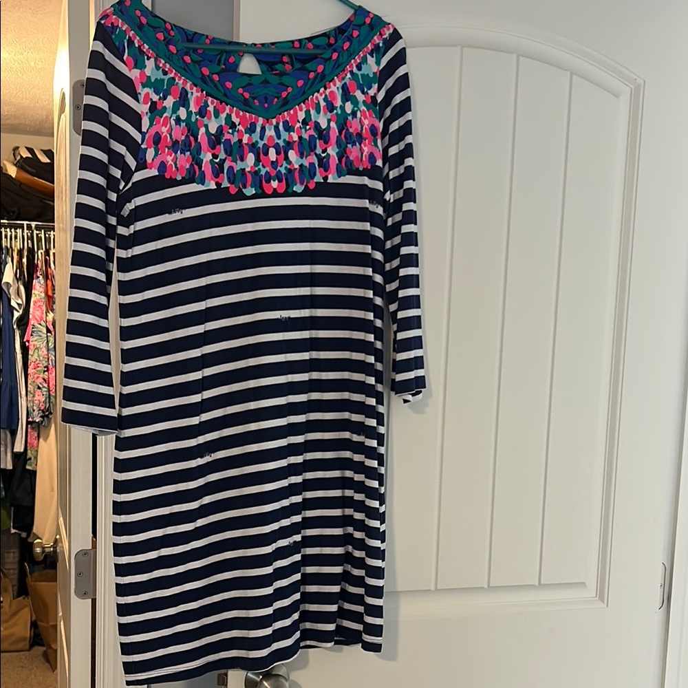 Lilly Pulitzer Striped Navy and White Bay Dress with Pink Accents